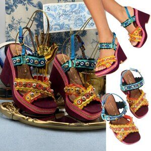 🆕 KURT GEIGER LONDON 🧿 NWOB Scalloped Stud X Wedge Heel Multicolor - Sz 37 US7